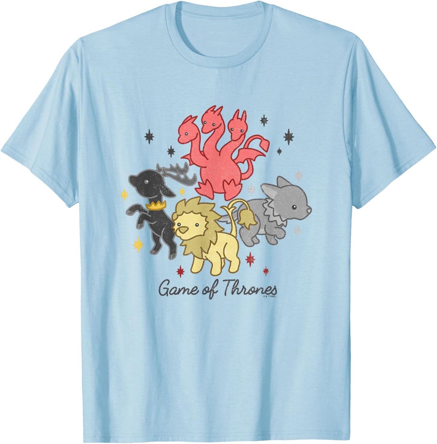 Game Of Thrones Dragon Stag Lion Direwolf House Chibi T-Shirt - T-Shirt | Light Blue
