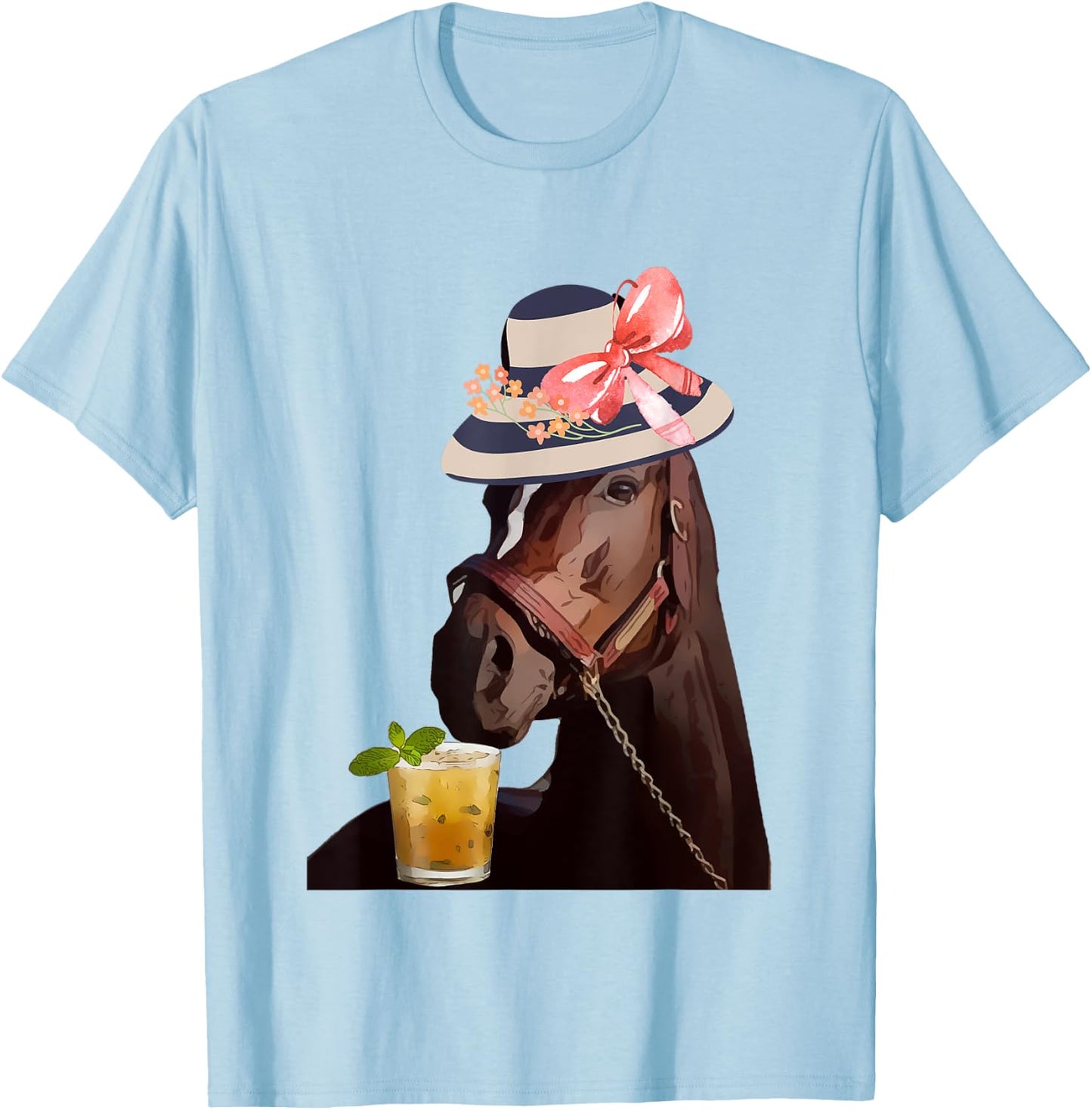 Funny Horse Derby Party Blue : Classic Fit Round Neck, Ruffle Sleeve T-Shirt - T-Shirt | Light Blue