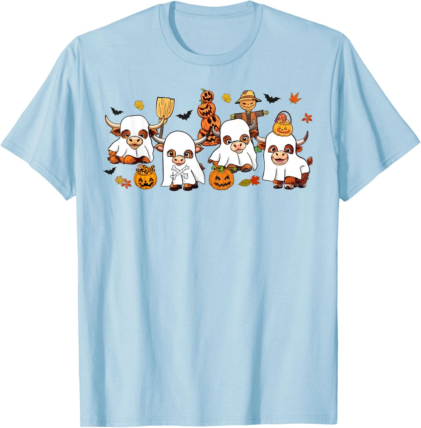 Cute Highland Cows Lovers Cow Ghost Spooky Western Halloween T-Shirt - T-Shirt | Light Blue
