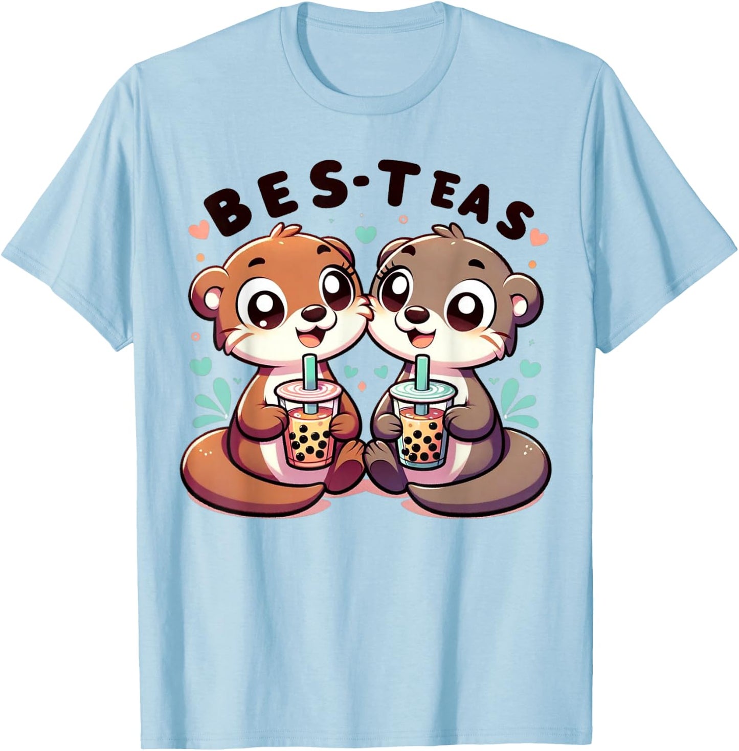 Kawaii River Otter Friends Enjoying Boba Tea Bes-Teas Bestie T-Shirt - T-Shirt | Light Blue