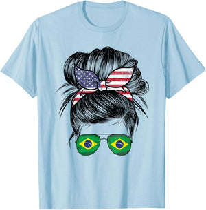 Half American Half Brazilian Girl USA Brazil Flag Patriot T-Shirt - T-Shirt | Light Blue