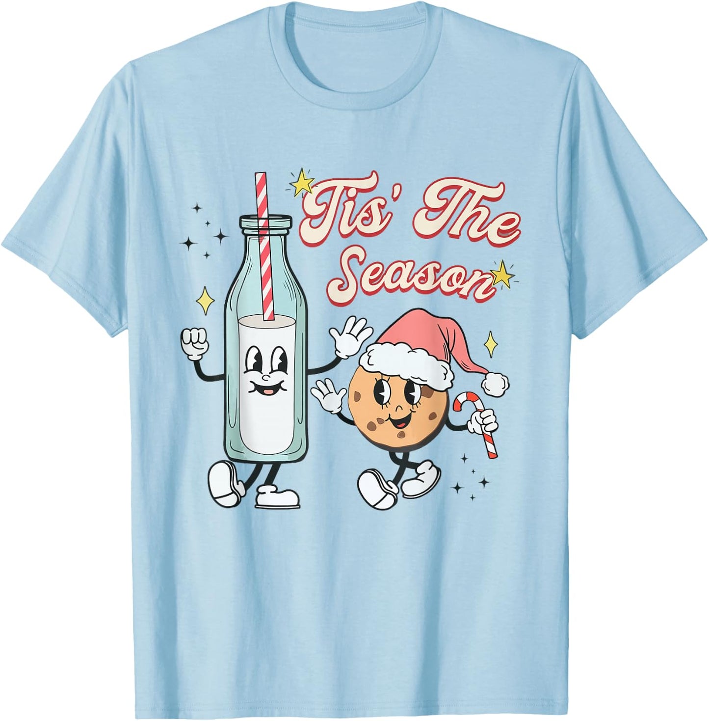 Tis The Season Retro Milk and Cookie Christmas T-Shirt - T-Shirt | Light Blue