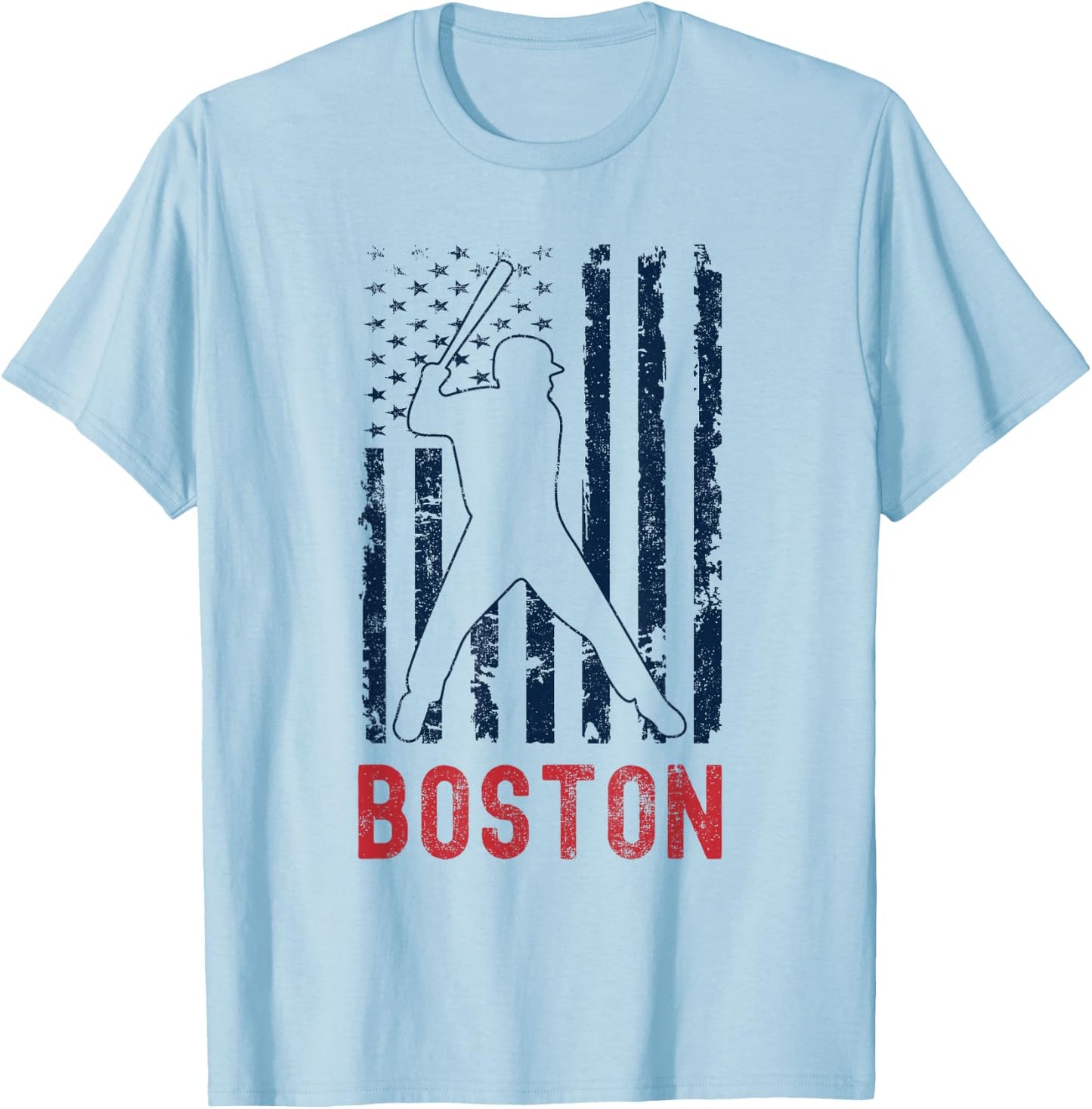 Boston Massachusetts American Flag Baseball Weathered T-Shirt - T-Shirt | Light Blue