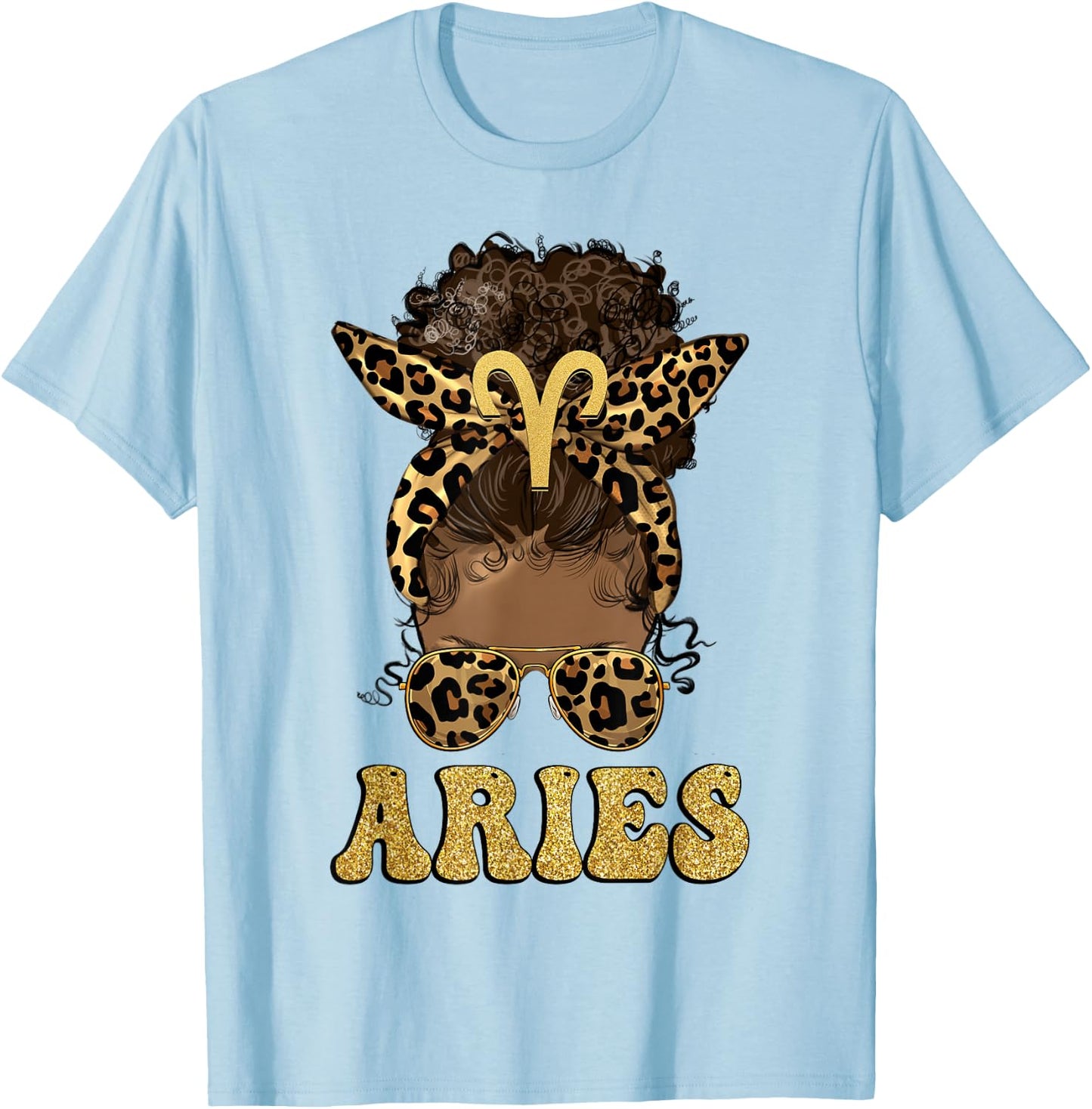 Aries Girl Afro Messy Bun African American Women T-Shirt - T-Shirt | Light Blue