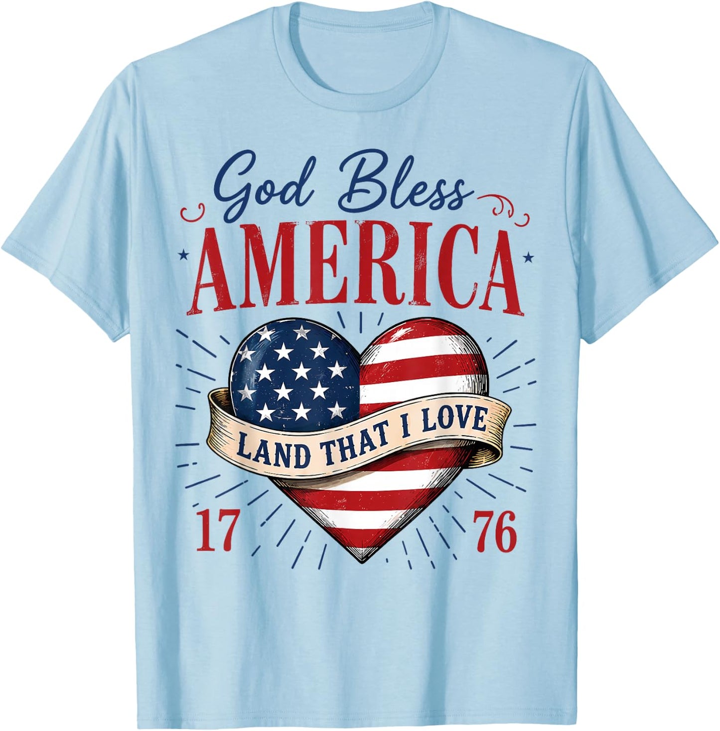 God Bless America Land that I Love Patriotic Heart Flag T-Shirt - T-Shirt | Light Blue