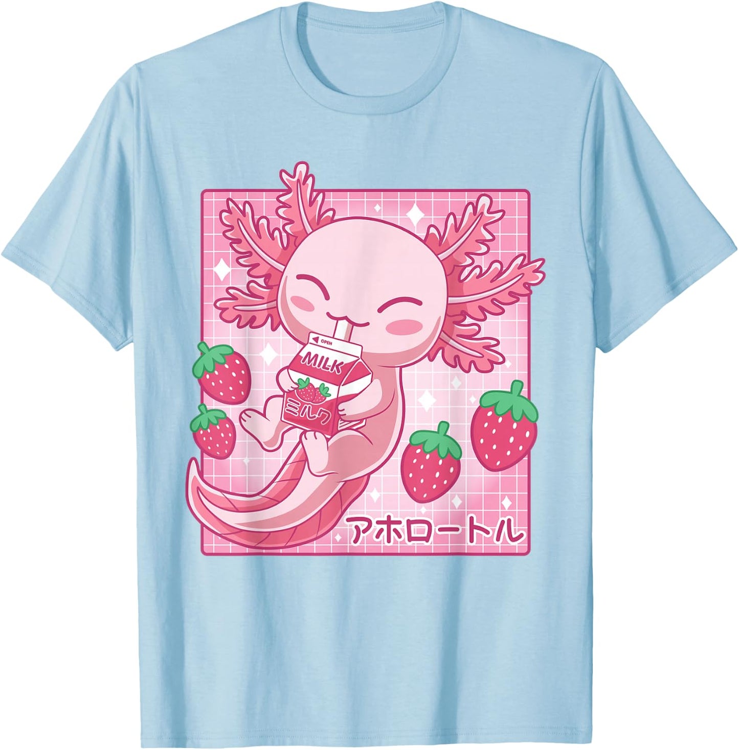 Kawaii Axolotl Strawberry Milk Shake Japanese Anime Pink T-Shirt - T-Shirt | Light Blue