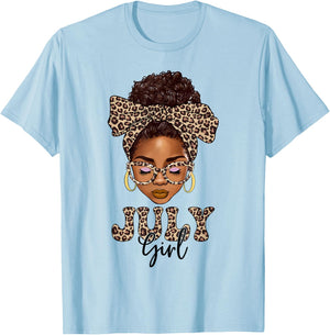 July Girls Messy Bun Leopard Black Women Birthday T-Shirt - T-Shirt | Light Blue