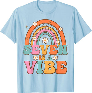 Seven Is A Vibe 7th Birthday Rainbow Groovy Boys Girls T-Shirt - T-Shirt | Light Blue