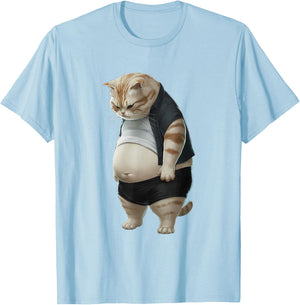 Chubby Cat Big Belly Cats Humor Fat Cat , white, S T-Shirt - T-Shirt | Light Blue