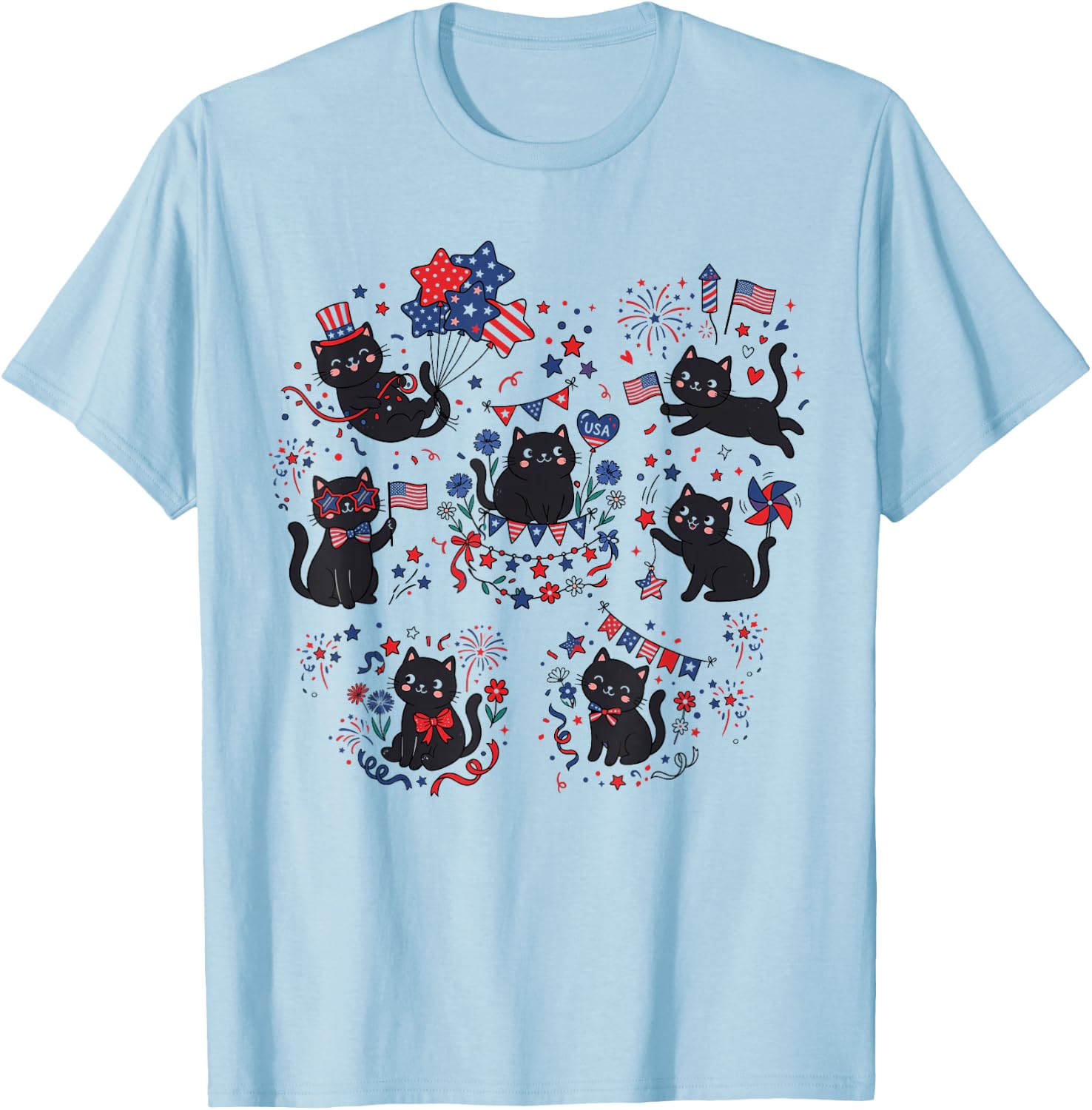 Cute July 4th Shirts , Funny Cat American Flag T-Shirt - T-Shirt | Light Blue