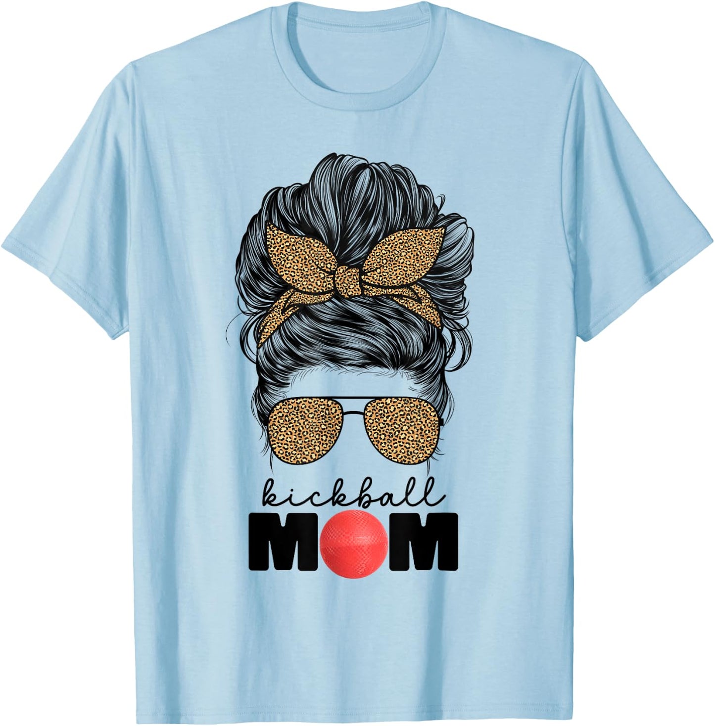 Kickball Mom Funny Leopard Messy Bun Kickball Mom T-Shirt - T-Shirt | Light Blue