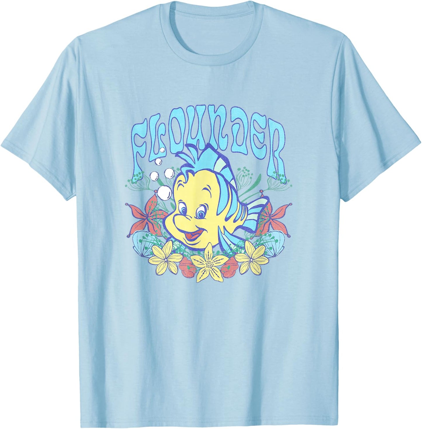 Disney The Little Mermaid Cute Flounder Floral Chest Poster T-Shirt - T-Shirt | Light Blue