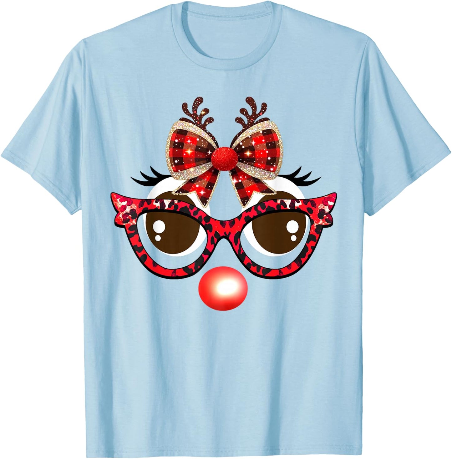 Funny Reindeer Face Leopard Sunglasses Plaid Christmas Light T-Shirt - T-Shirt | Light Blue