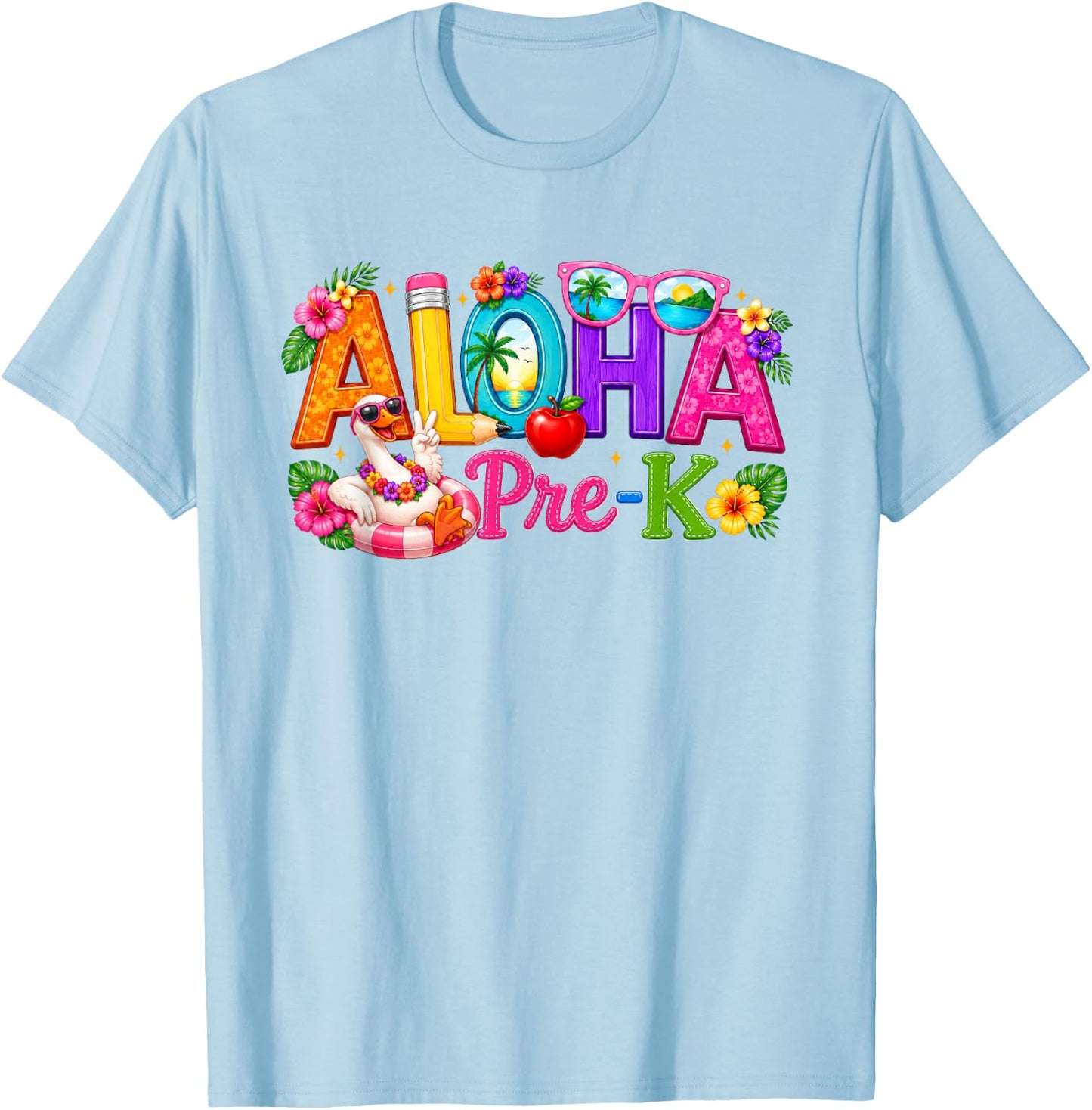 Aloha Pre-K Tropical Floral Beach Silly Goose Back to School T-Shirt - T-Shirt | Light Blue