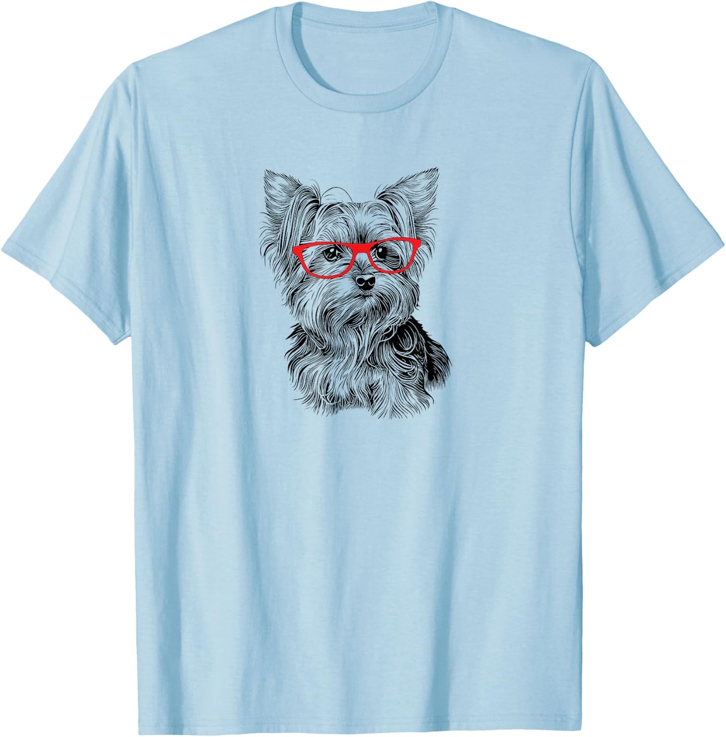Illustration Cute Nerdy Red Glasses Yorkie Lover T-Shirt - T-Shirt | Light Blue