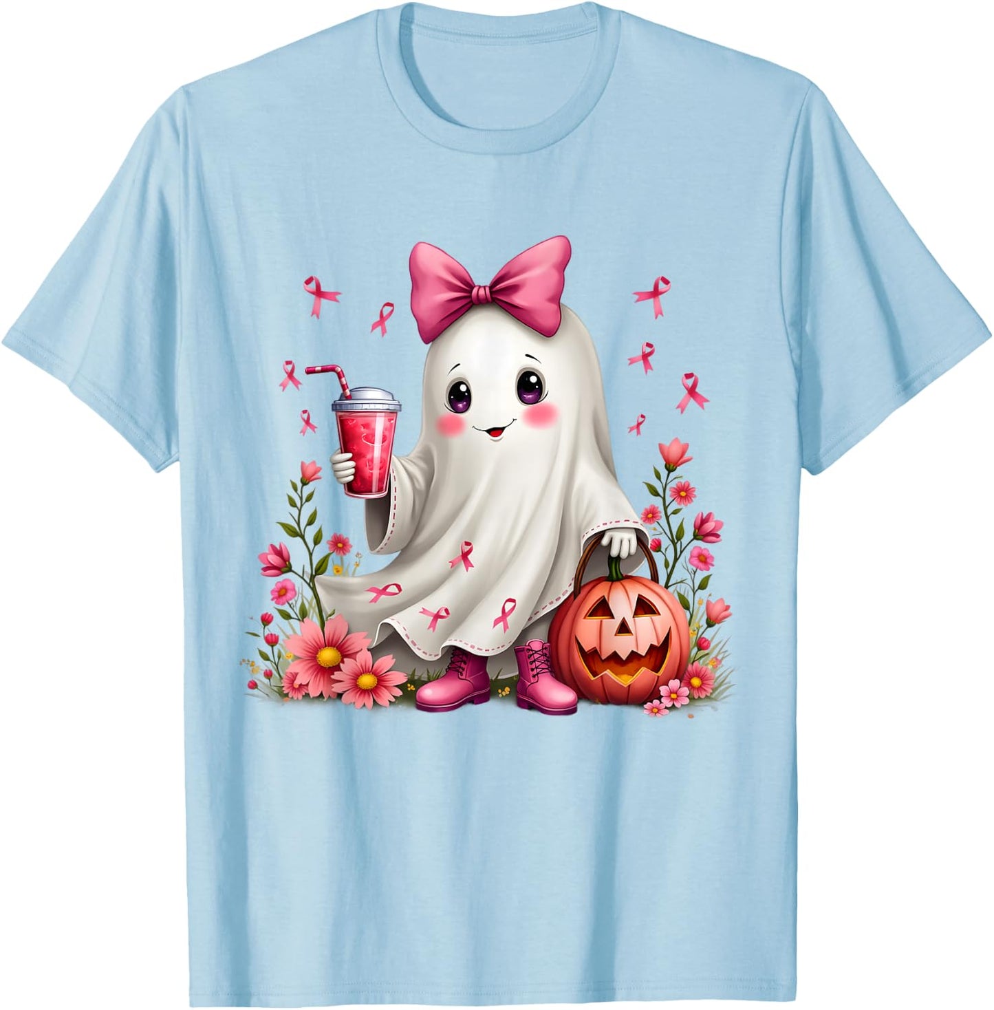 In October We Wear Pink Ghost Breast Cancer Awareness T-Shirt - T-Shirt | Light Blue