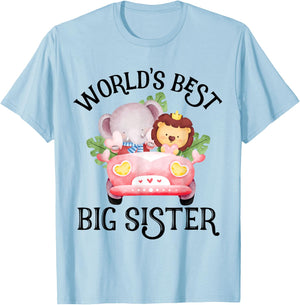 Big Sister Baby Announcement with Cute Lion and Hippo T-Shirt - T-Shirt | Light Blue