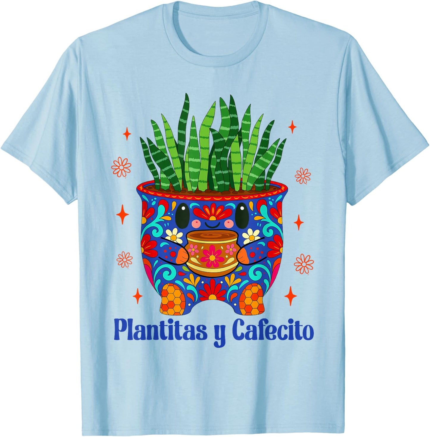 Coffee & Plant Lover Mexican Talavera Plantitas Y Cafecito T-Shirt - T-Shirt | Light Blue
