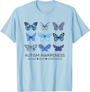 Women in April We Wear Blue Butterfly Autism Mental Health T-Shirt - T-Shirt | Light Blue