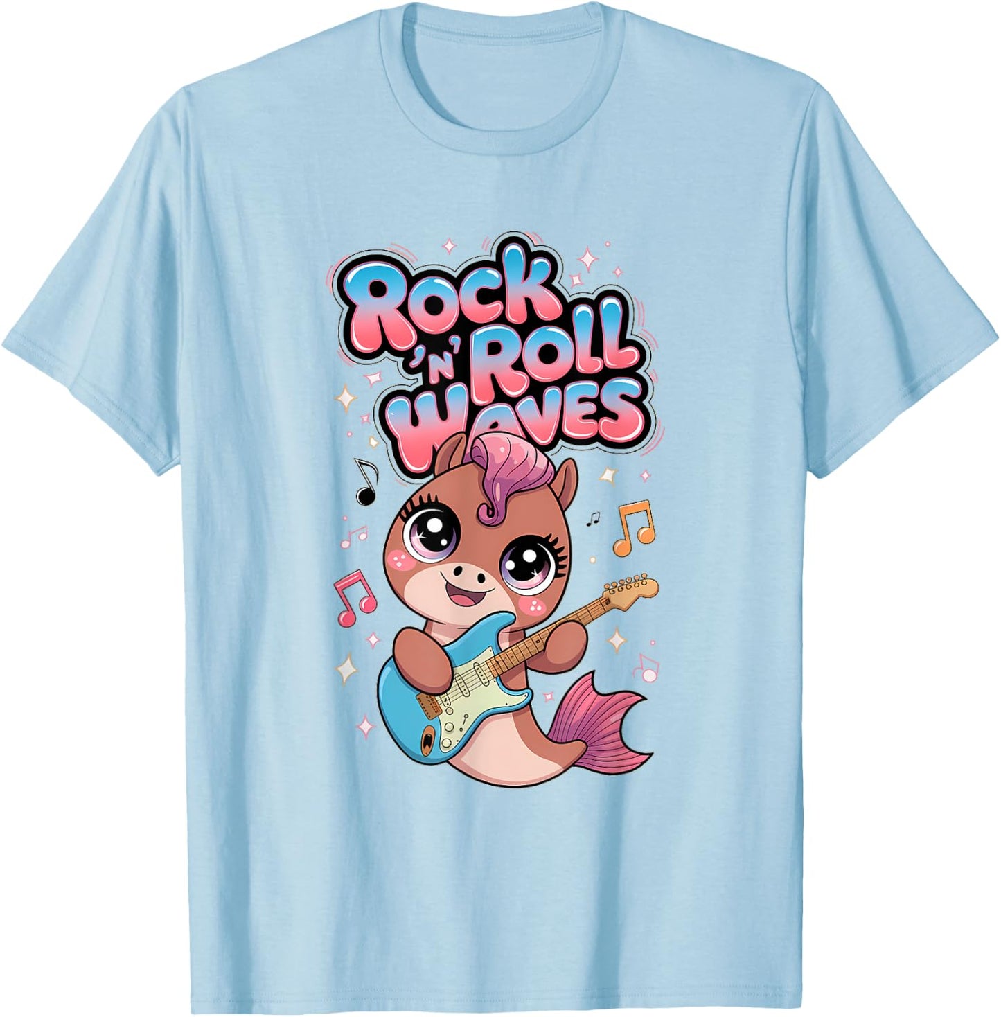 Kawaii Rock 'n Roll Waves Musical Sea Horse Design T-Shirt - T-Shirt | Light Blue