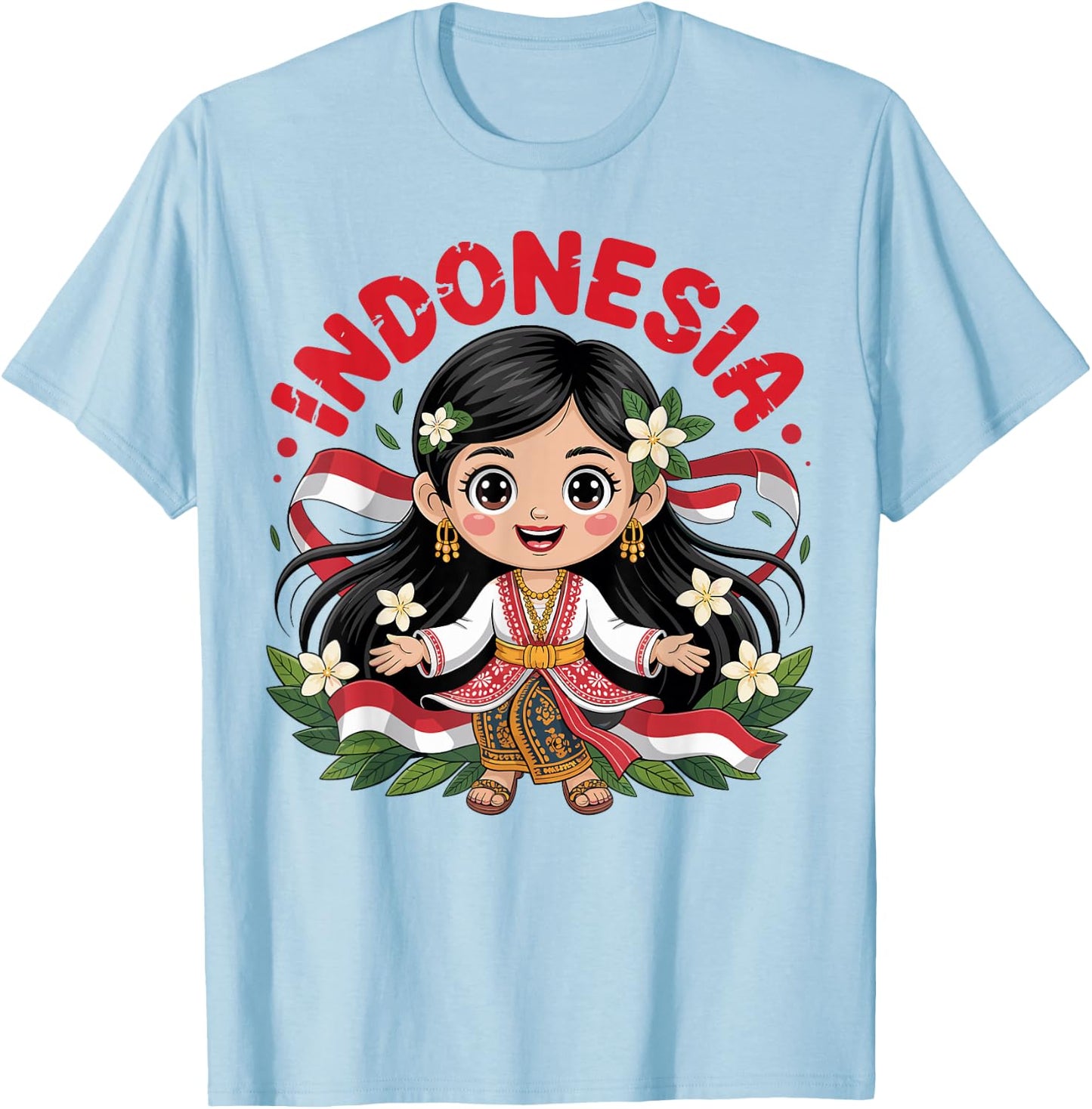 Cute Indonesian Girl in Traditional Batik Dress for Kids T-Shirt - T-Shirt | Light Blue