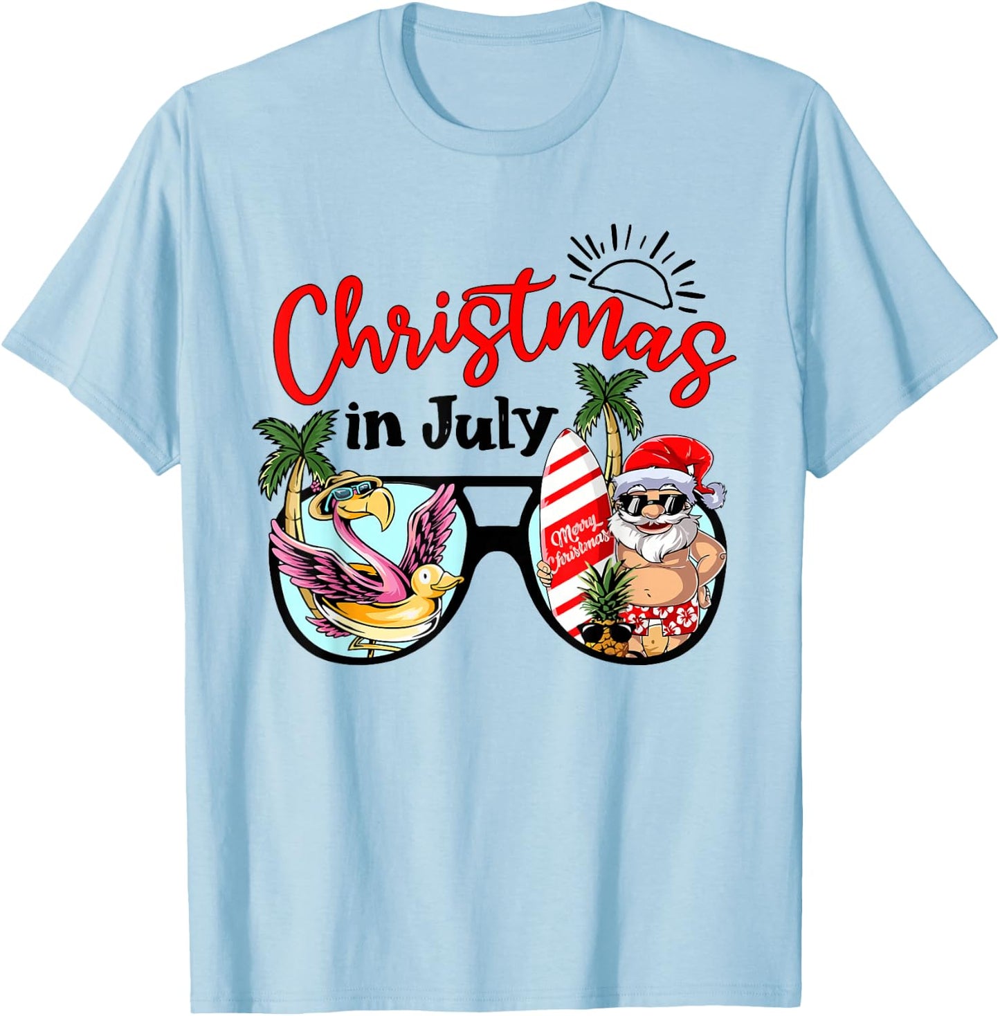 Christmas In July Sunglasses Santa Flamingo Summer Vacation T-Shirt - T-Shirt | Light Blue
