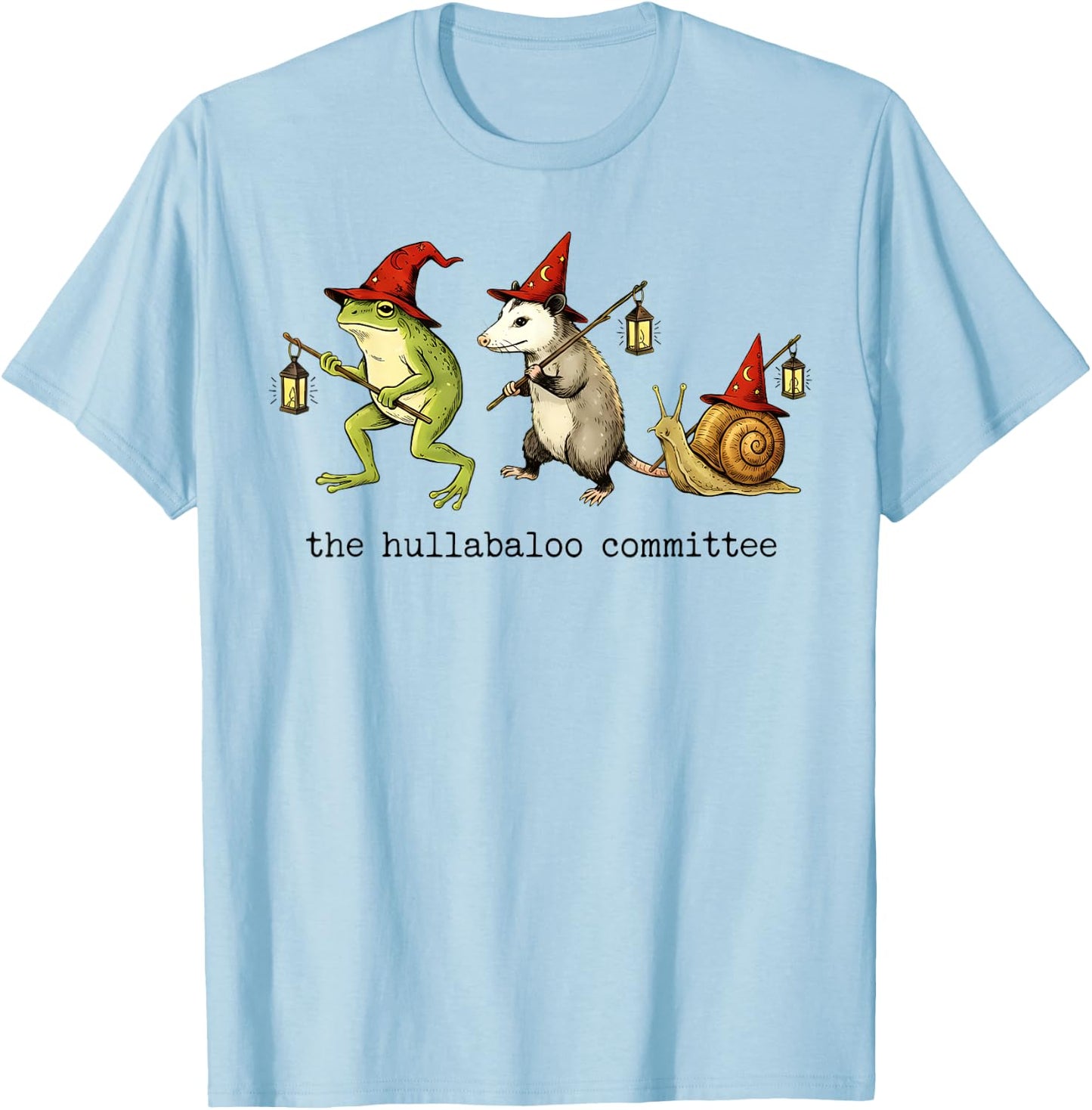 The Hullabaloo Committee Frog Opossum Snail Wizard Title T-Shirt - T-Shirt | Light Blue