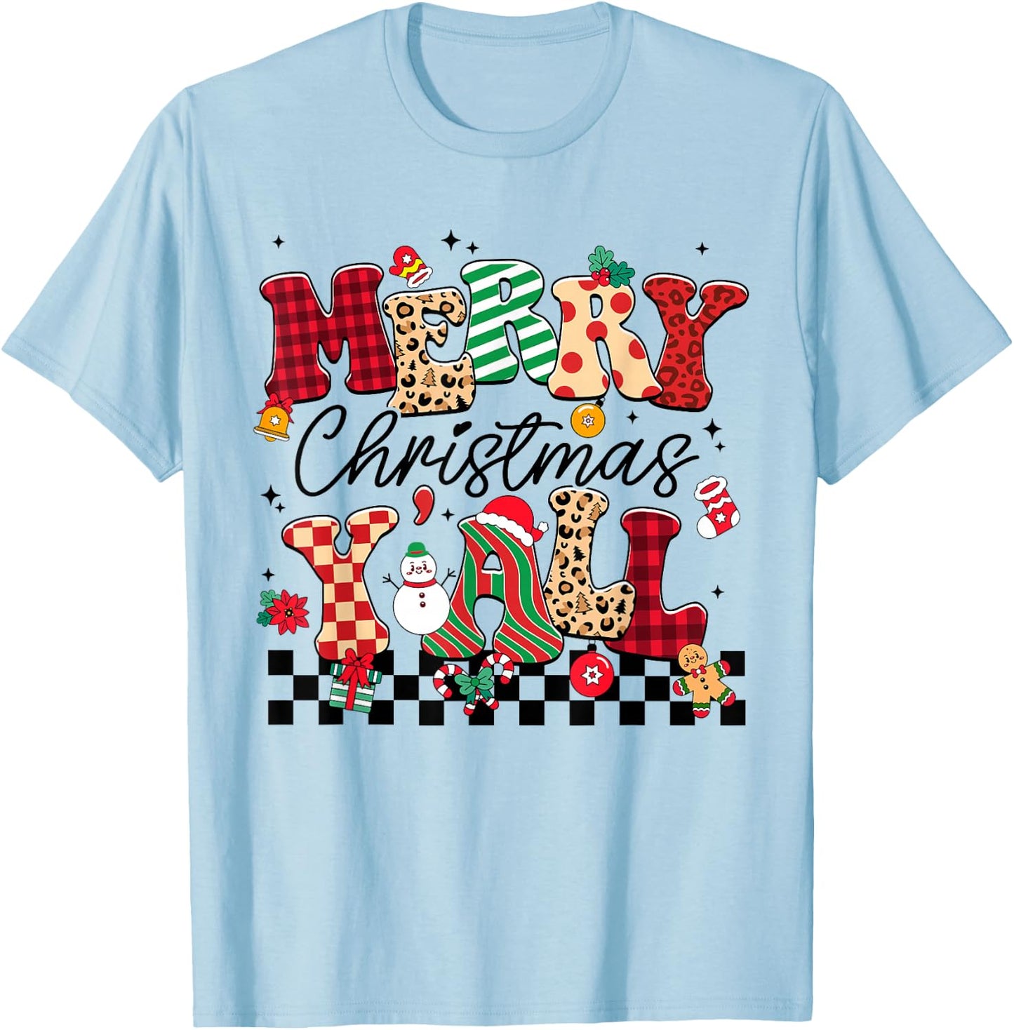 Family 2024 Merry Christmas Y'All Buffalo Plaid Red Pajamas T-Shirt - T-Shirt | Light Blue