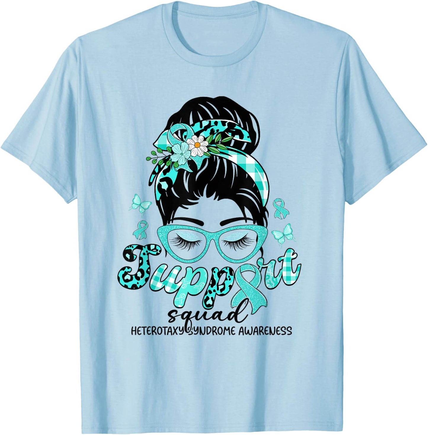 Support Squad Messy Bun Leopard Heterotaxy Syndrome T-Shirt - T-Shirt | Light Blue