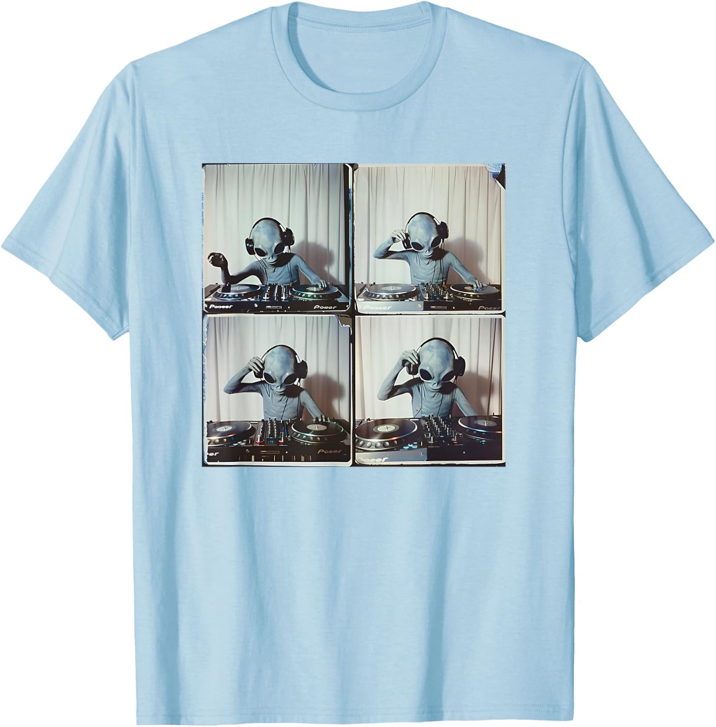 DJ Alien Dropping Beats UFO Vinyl Music Grey Alien Graphic T-Shirt - T-Shirt | Light Blue