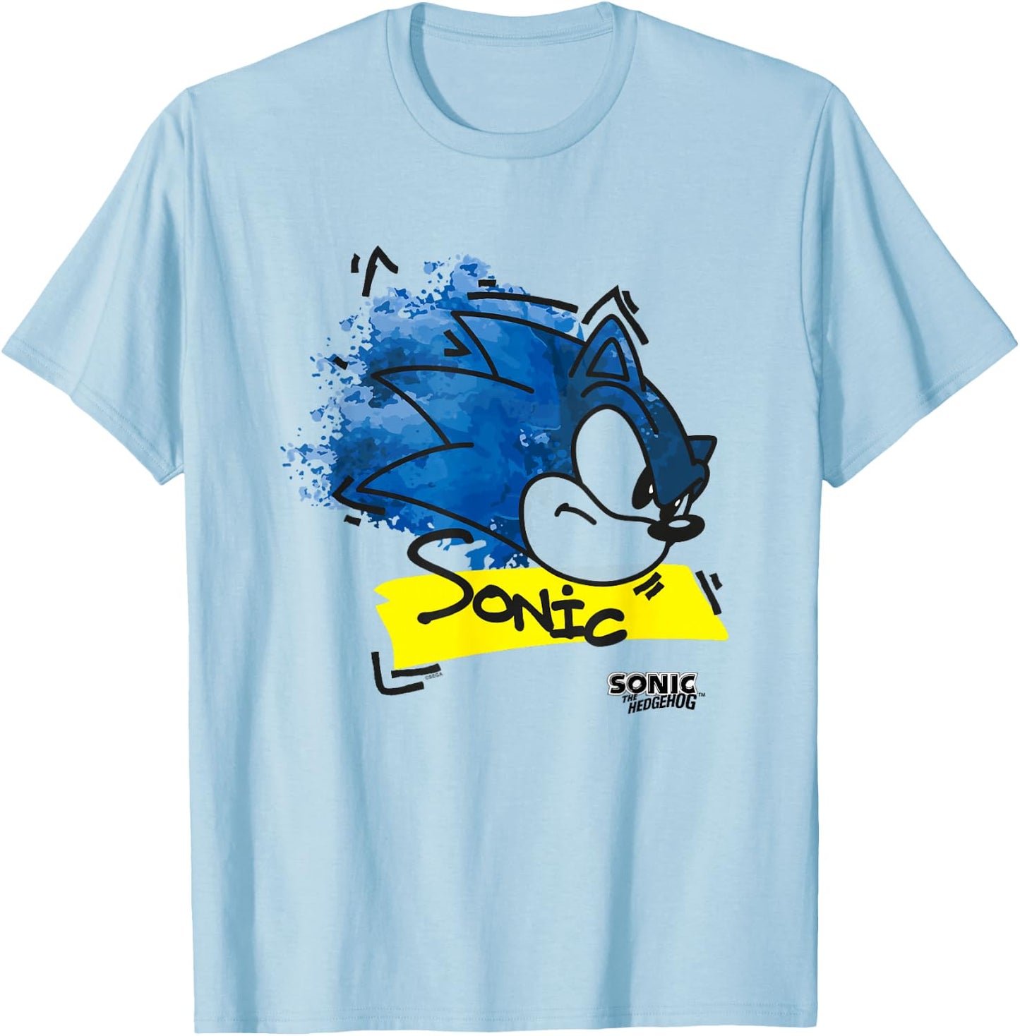 Sonic The Hedgehog Distressed Watercolor Face Outline T-Shirt - T-Shirt | Light Blue