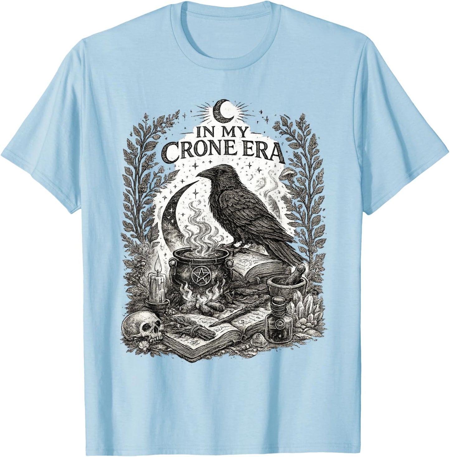 in My Crone Era Witchy Raven Cauldron Goth Witch T-Shirt - T-Shirt | Light Blue