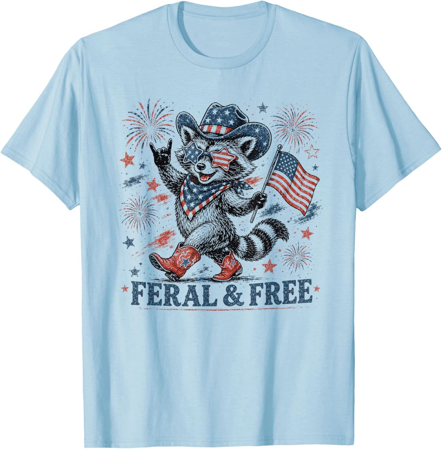 4th of July Feral and Free Patriotic Raccoon Cowboy T-Shirt - T-Shirt | Light Blue