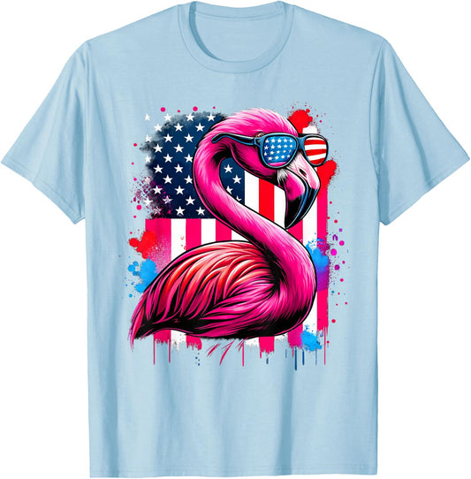 Pink Flamingo USA Flag 4th of July Sunglasses Patriotic T-Shirt - T-Shirt | Light Blue