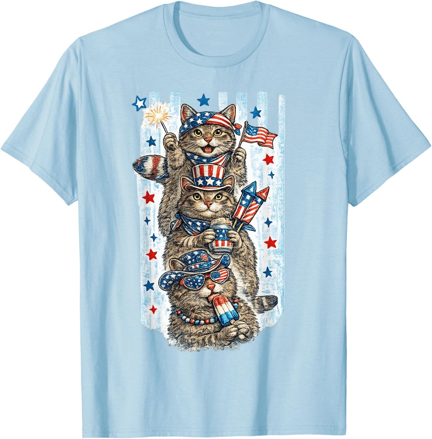 Funny USA Party Cats Vintage Patriotic Animal Fireworks T-Shirt - T-Shirt | Light Blue