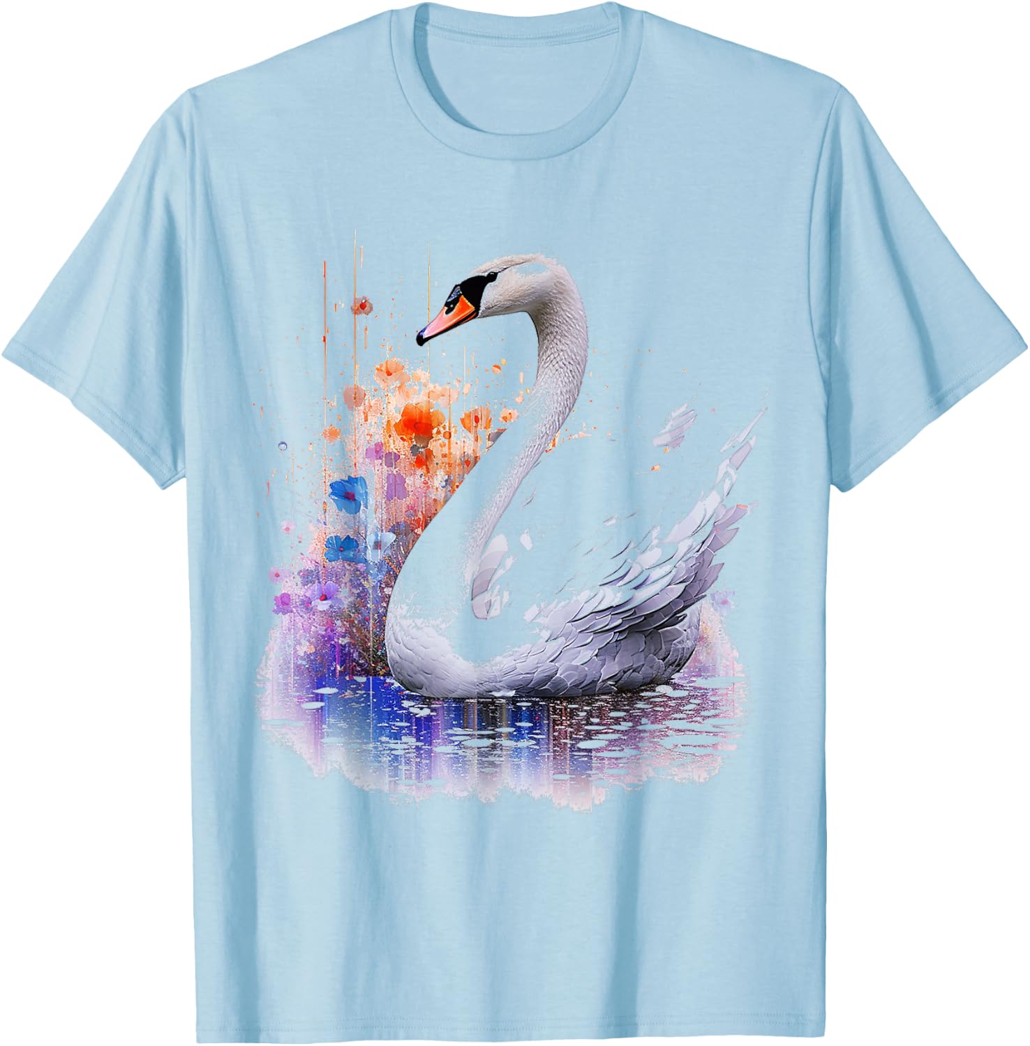 Swan Painting Abstract Animal Art Flowers Graphic Swan T-Shirt - T-Shirt | Light Blue