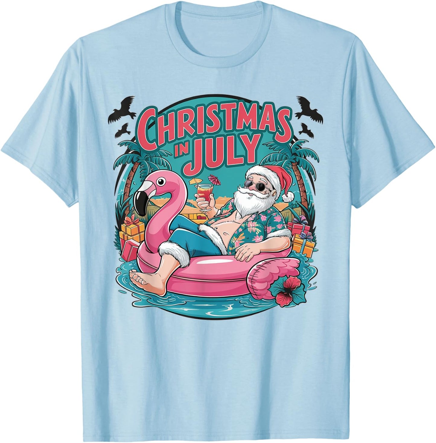 Funny Santa Flamingo Christmas In July Summer Xmas Women Kid T-Shirt - T-Shirt | Light Blue