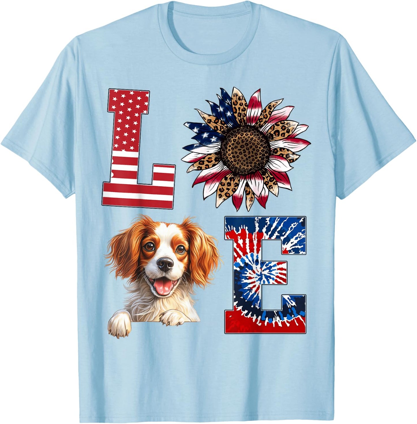 Love Brittany Spaniel Dog American Flag 4th of July T-Shirt - T-Shirt | Light Blue