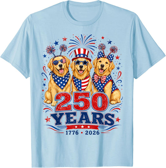 250 Years 1776 2026 Golden Retriever Patriotic Dog 4th July T-Shirt - T-Shirt | Light Blue