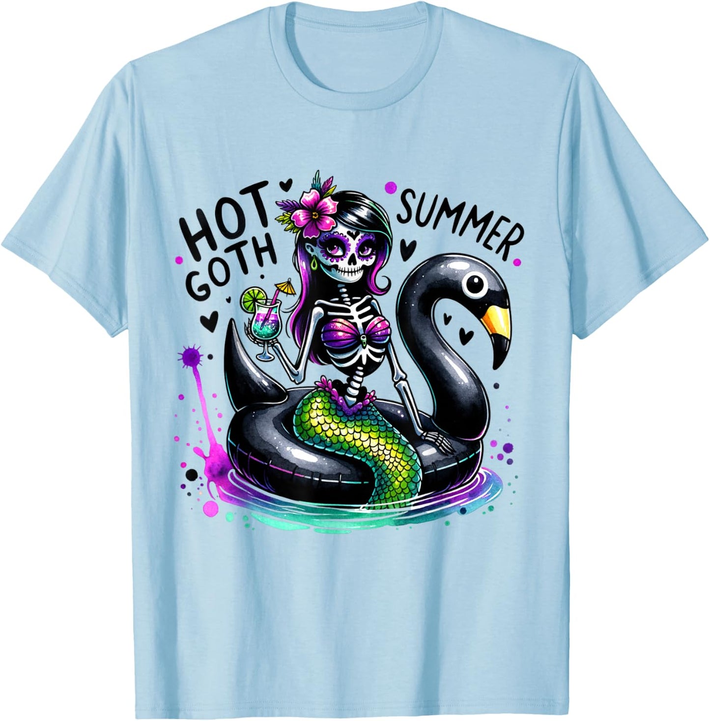 Goth Ghoul Summer Mermaid Skeleton Summerween Pool Party T-Shirt - T-Shirt | Light Blue
