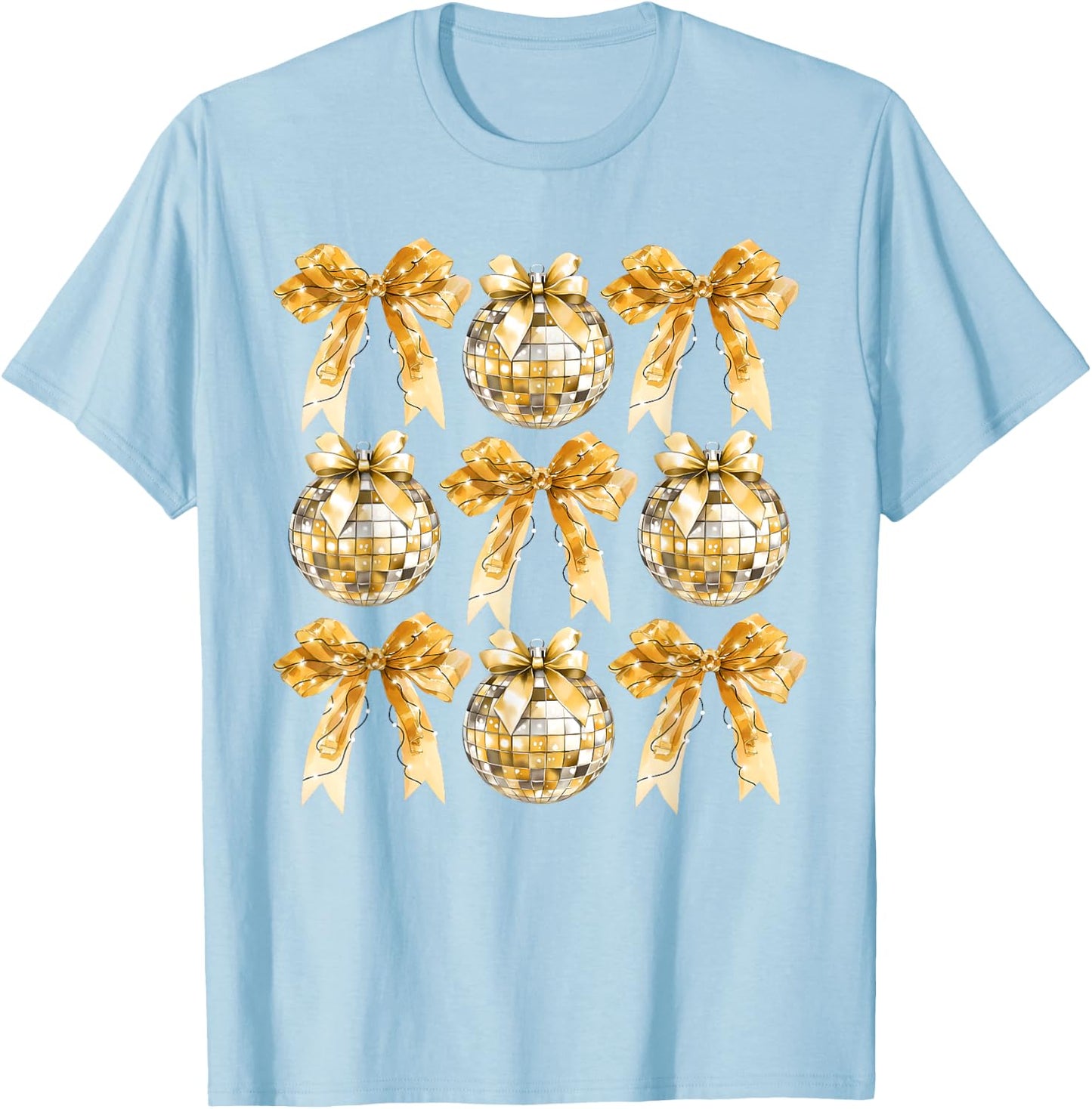 Gold Coquette Bow Disco Ball Retro New Years Eve Hello 2025 T-Shirt - T-Shirt | Light Blue