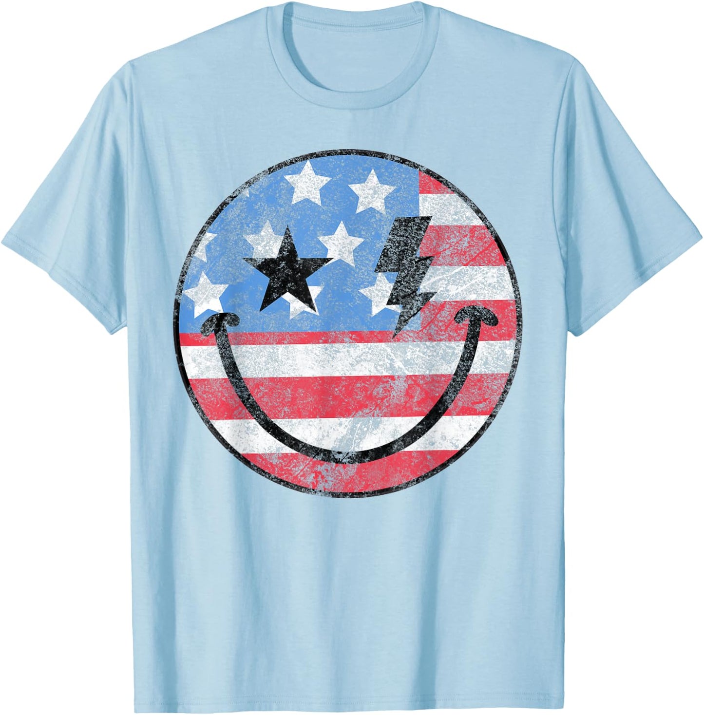 Happy 4th Of July Groovy Smile Face Red White Blue USA Flag T-Shirt - T-Shirt | Light Blue