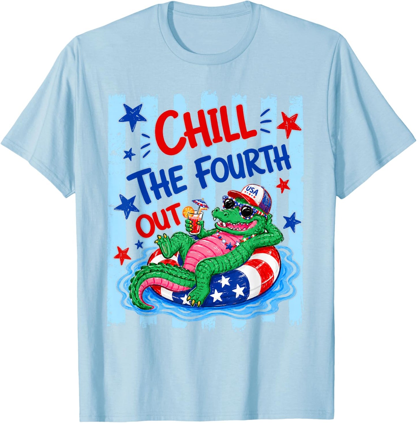 Retro Chill The Fourth Out Funny Alligator 4th of July Gator T-Shirt - T-Shirt | Light Blue