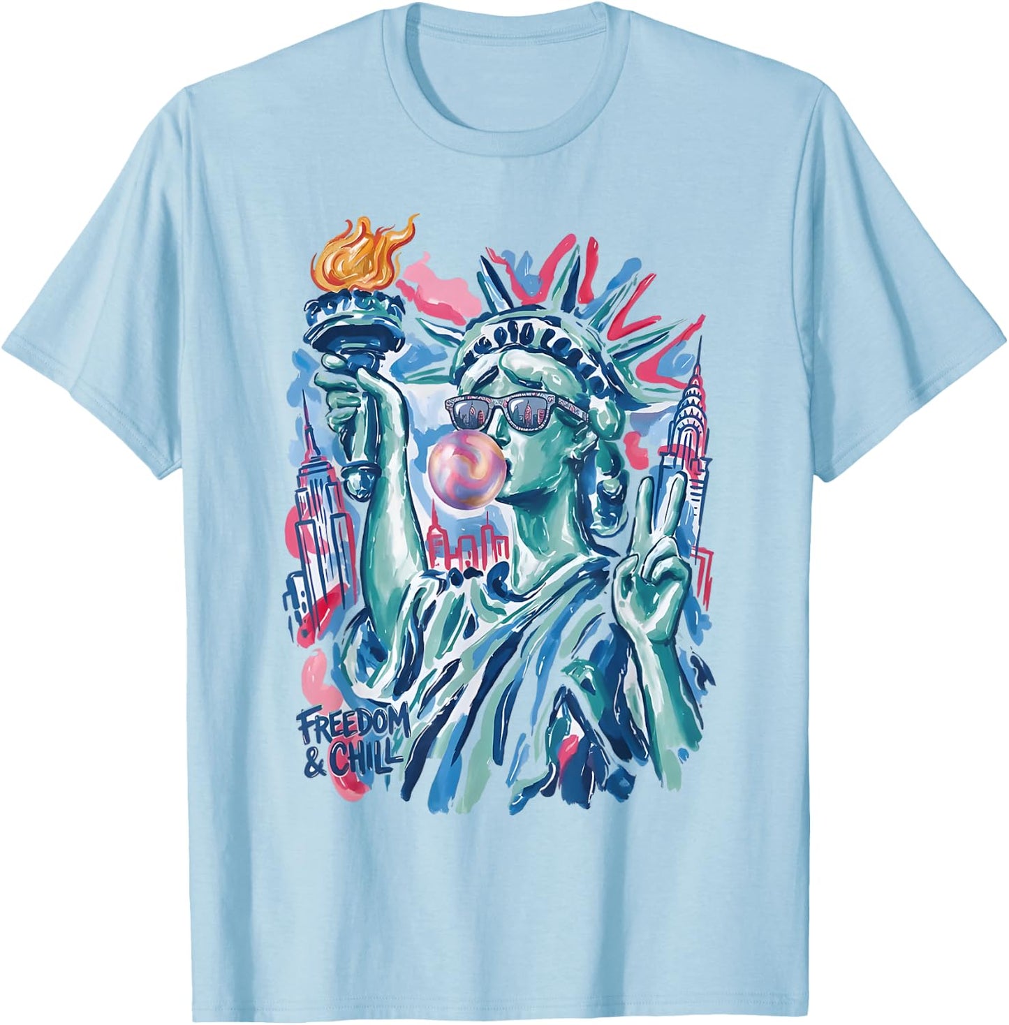 Preppy Statue of Liberty Blowing Bubble Gum 4th of July T-Shirt - T-Shirt | Light Blue