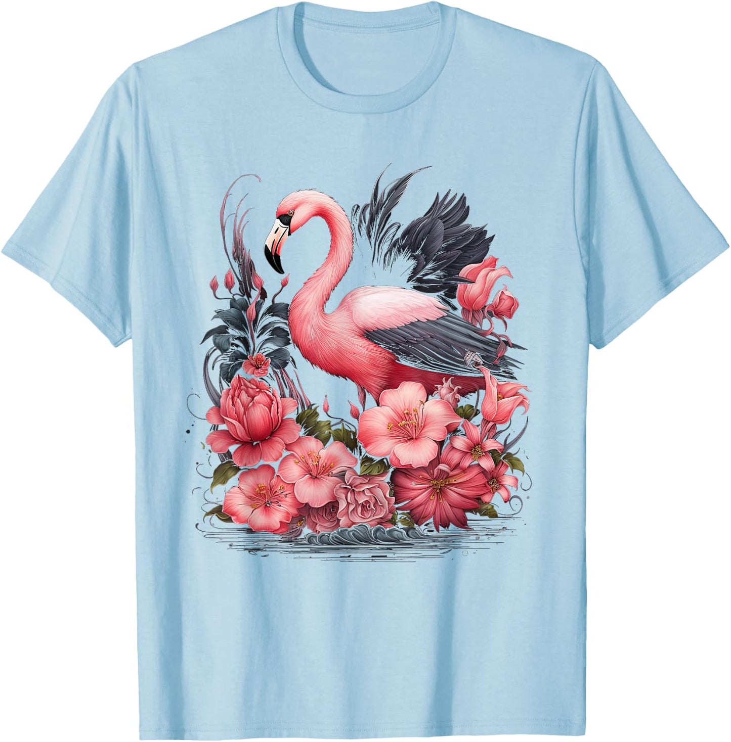 Flamingo and Flowers Floral Flamingos pink T-Shirt - T-Shirt | Light Blue