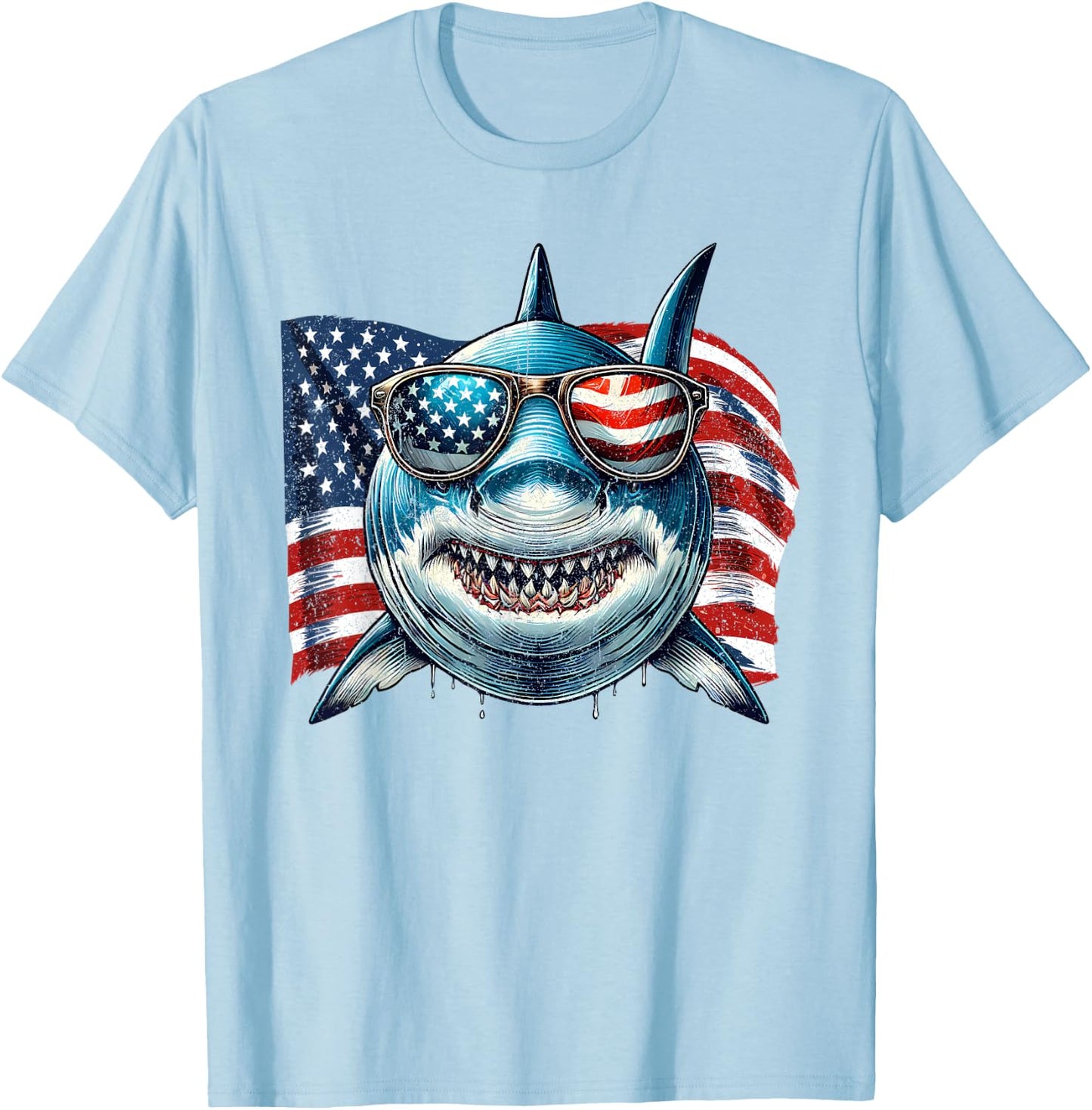 Vintage Shark Lovers US Flag Animals Patriotic Sunglasses T-Shirt - T-Shirt | Light Blue