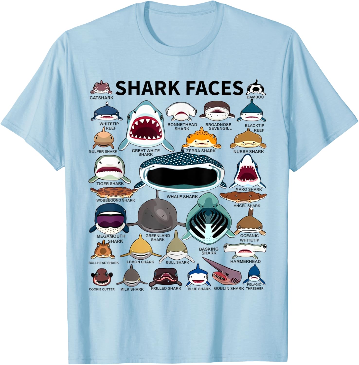 Shark Faces - Type of Shark - Shark Faces of All Kinds T-Shirt - T-Shirt | Light Blue