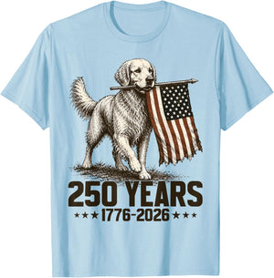 250 American Years 1776 2026 Golden Retriever Dog US Flag T-Shirt - T-Shirt | Light Blue
