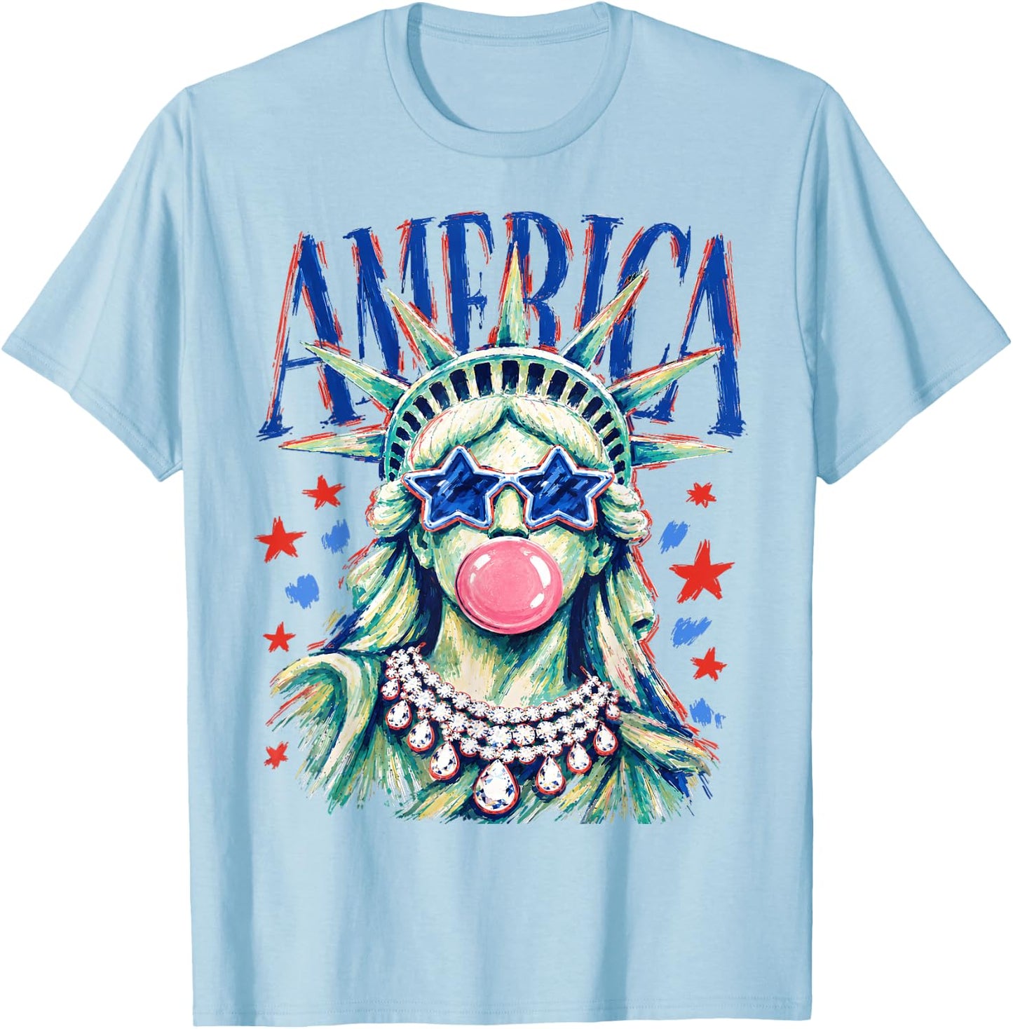 Brushstroke Statue of Liberty Blowing Bubble Gum 4th of July T-Shirt - T-Shirt | Light Blue