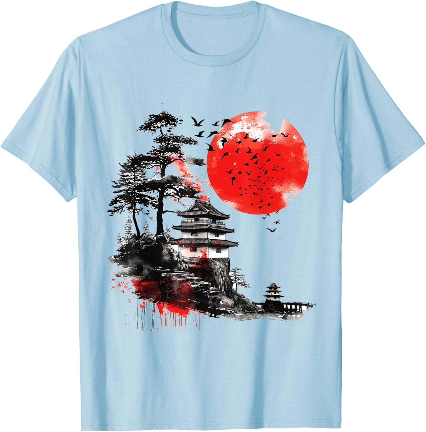 Vintage Cherry Blossom Woodblock Japanese Graphic Art T-Shirt - T-Shirt | Light Blue